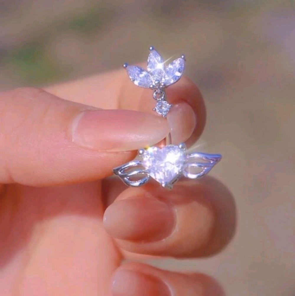 16G Stainless Steel Rhinestone Crown & Heart W/Wings + 1 Bellybutton Jewelry